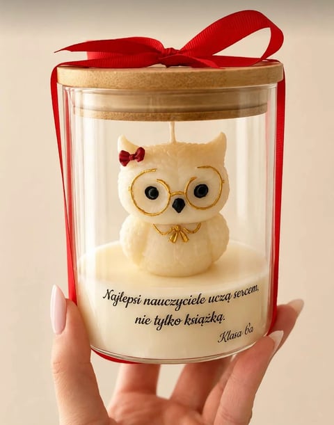 Decorative gift container with cute cream-colored owl figurine wearing a red bow, tied with red ribbon