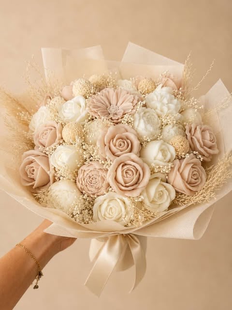 Hand holding a beige and cream wedding bouquet with roses, peonies, and dried grasses wrapped in soft paper