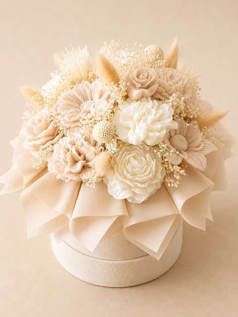Elegant floral arrangement with cream and beige flowers including roses and daisies in a white cylindrical vase with ribbon bow