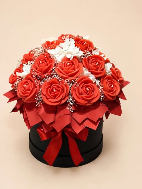 Luxury arrangement of red roses with white babys breath flowers in a black cylindrical box topped with red ribbon bows