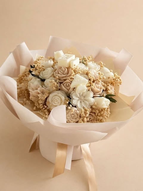 Elegant bouquet of cream and beige dried flowers wrapped in white paper with champagne ribbon