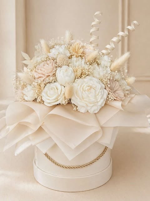 Luxury floral arrangement with white roses, dried flowers, and curled ribbons in a cream cylindrical box with gold rope handle