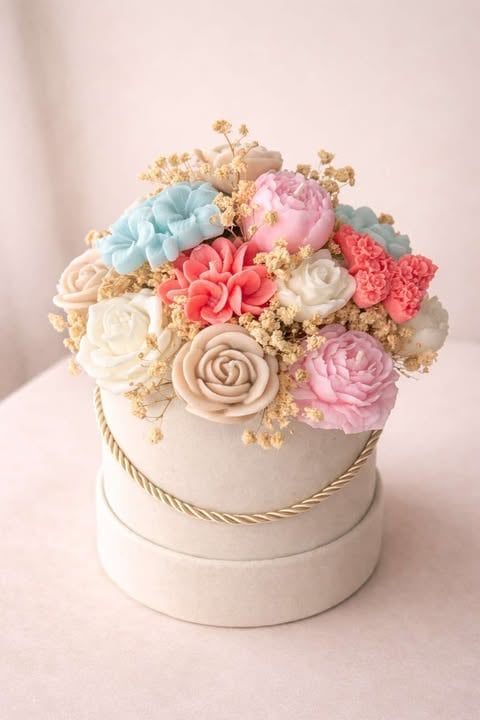 Decorative cream cake with colorful sugar flowers including pink, coral, blue and white roses, adorned with gold babys breath and rope trim