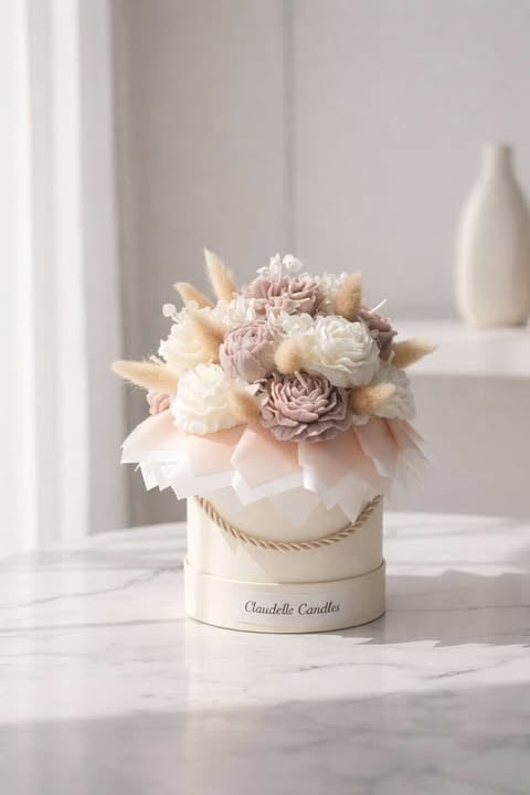 Luxury flower box arrangement with cream, blush, and mauve roses and dried pampas grass on white marble table