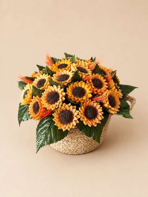 Bouquet of yellow and orange sunflowers with green leaves arranged in a textured beige ceramic vase against a neutral background